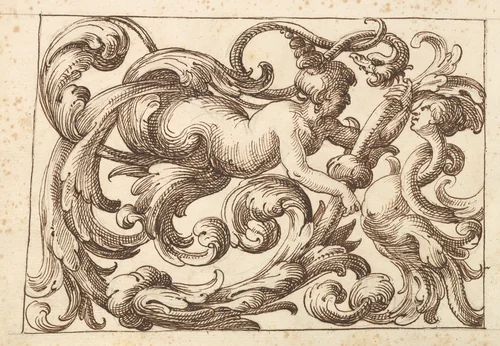 Horizontal Panel Design with a Man, a Snake and a Female Fantastical Creatures Interspersed between Acanthus Rinceaux by anonymous, drawing, 1600-1650