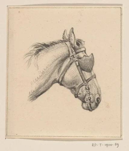 Hoofd van een paard met oogkleppen, naar rechts by Jean Bernard, drawing, 1815