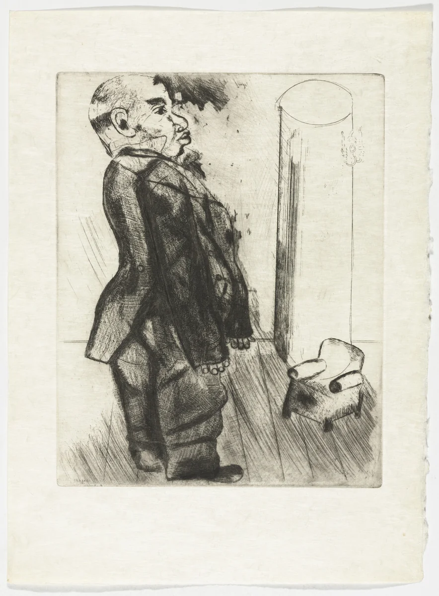 Sobakévitch Near the Armchair (Sobakévitch près du fauteuil), plate XXXVIIbis (supplementary suite) from Les Âmes mortes by Marc Chagall, illustrated book, 1923