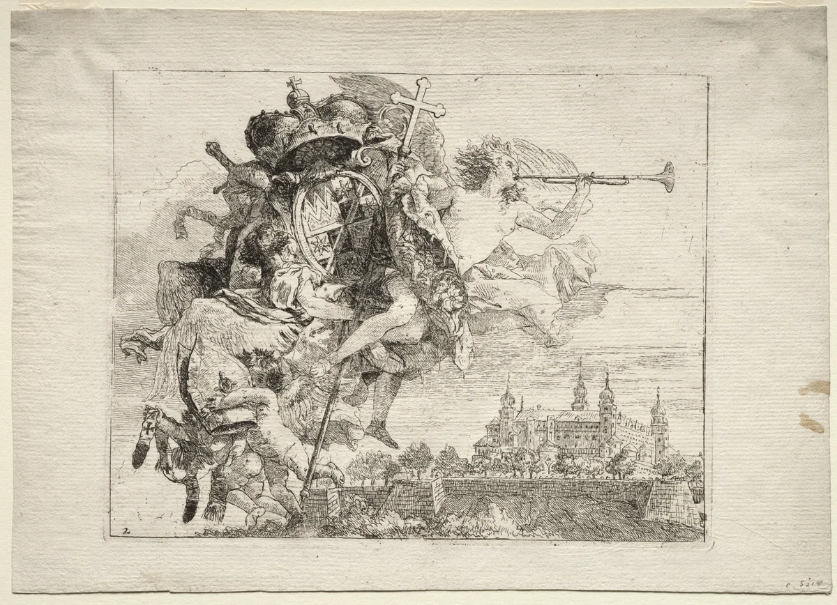 Flight into Egypt: Dedication with Winged Figure of Fame bearing the Arms of the Prince-Bishop of Wurzburg by Giovanni Domenico Tiepolo, print, 1745-1758