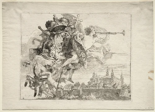 Flight into Egypt: Dedication with Winged Figure of Fame bearing the Arms of the Prince-Bishop of Wurzburg by Giovanni Domenico Tiepolo, print, 1745-1758