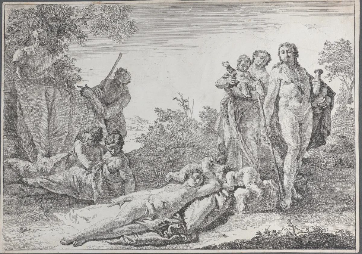 Nine Figures near a Herm of Pan, from "Bacchanals and Histories" by Francesco Fontebasso, print, 1744