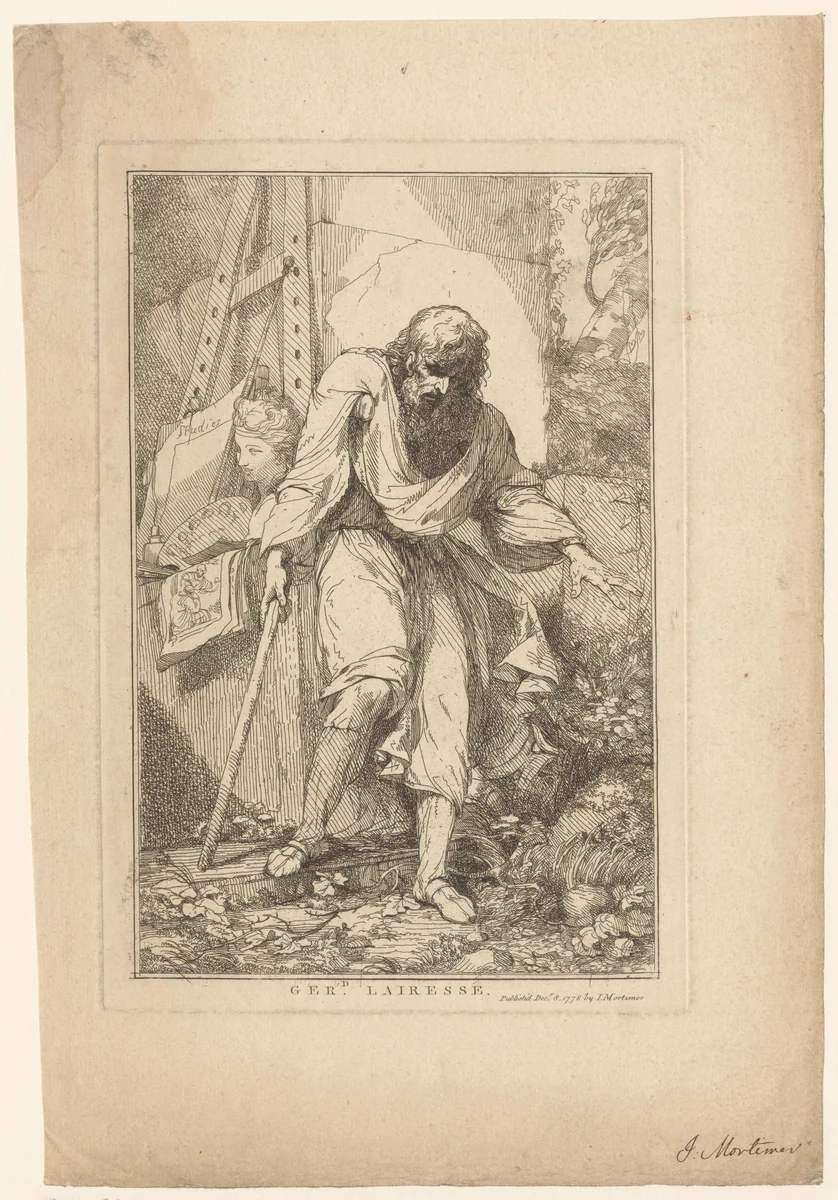 Portret van Gerard de Lairesse met kruk by John Hamilton Mortimer, print, 1778