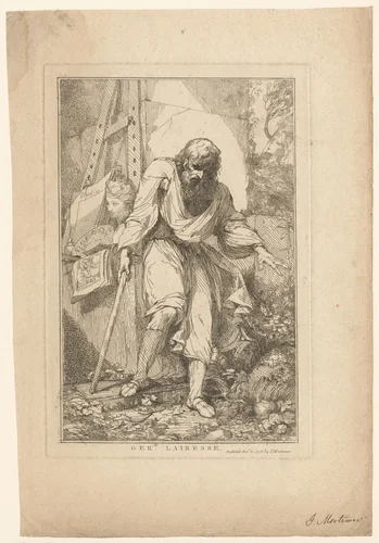 Portret van Gerard de Lairesse met kruk by John Hamilton Mortimer, print, 1778