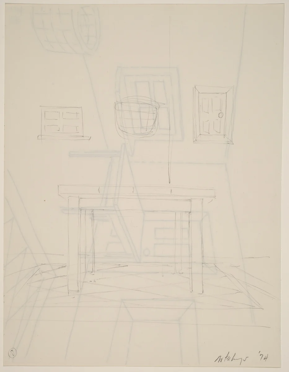 Basket, Table, Door, Window, Mirror, Rug #8 [verso] by Richard Artschwager, drawing, 1974