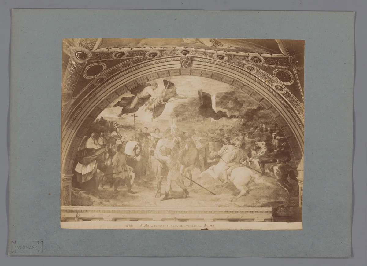 Fotoreproductie van het fresco Attila door Rafaël in de Camere di Raffaello by anonymous, photograph, 1851-1900