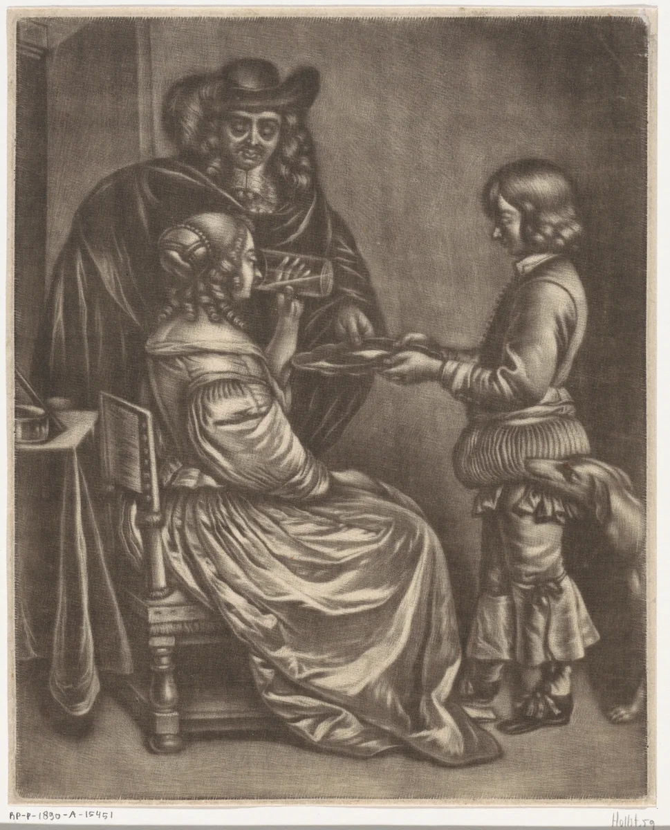 Drinkende dame by Jan van Somer, print, 1676