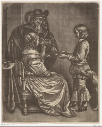 Drinkende dame by Jan van Somer, print, 1676