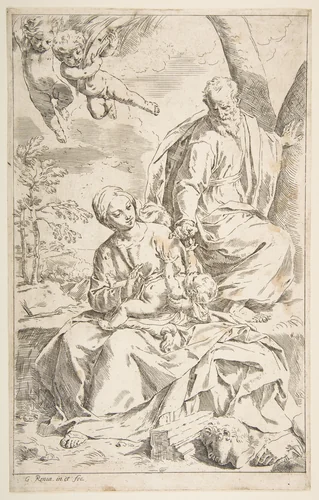 Rest on the flight into Egypt, Mary holding the infant Christ while St. Joseph hands him a fruit by Simone Cantarini, print, 1634-1644