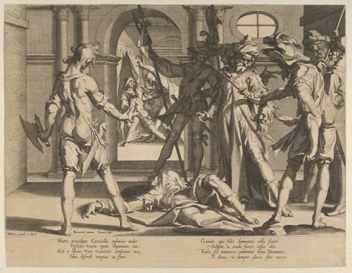 The Beheading of the Roman Judge Papinian, plate 5 from "Thronus Justitiae, tredecim pulcherrimus tabulis..." by Willem van Swanenburg, print, 1605-1606