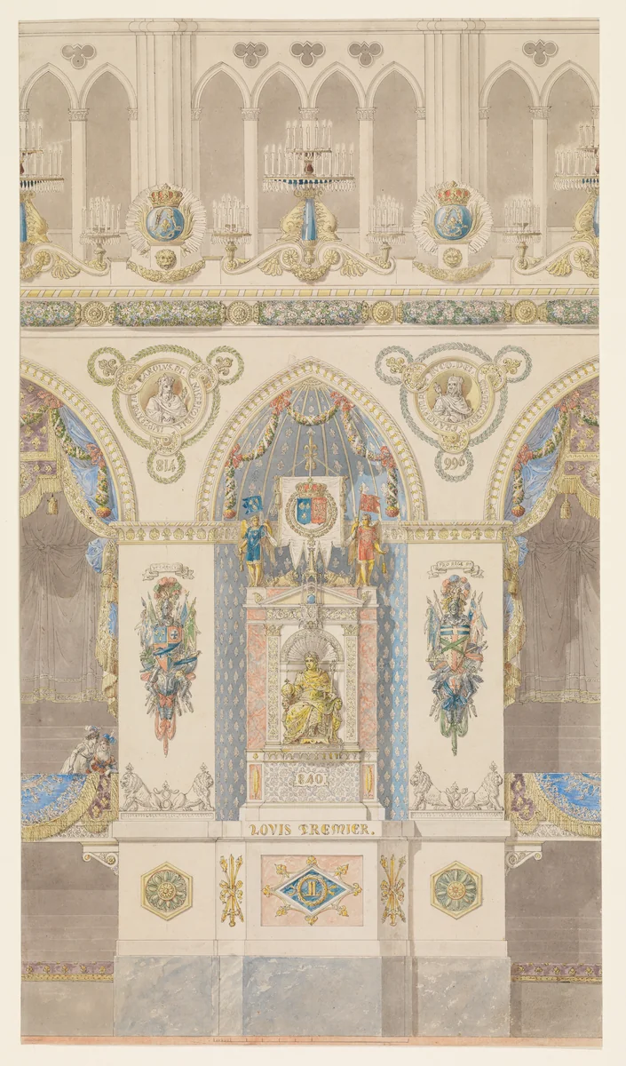 Interior Elevation of Reims Cathedral with a Statue of King Louis I by Charles Percier, drawing, 1815