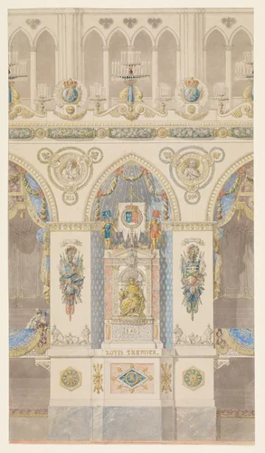 Interior Elevation of Reims Cathedral with a Statue of King Louis I by Charles Percier, drawing, 1815