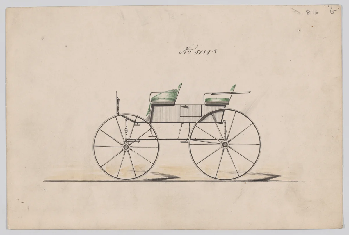 Design for 2 seat Phaeton, no top, no. 3139b by Brewster & Co., drawing, 1875