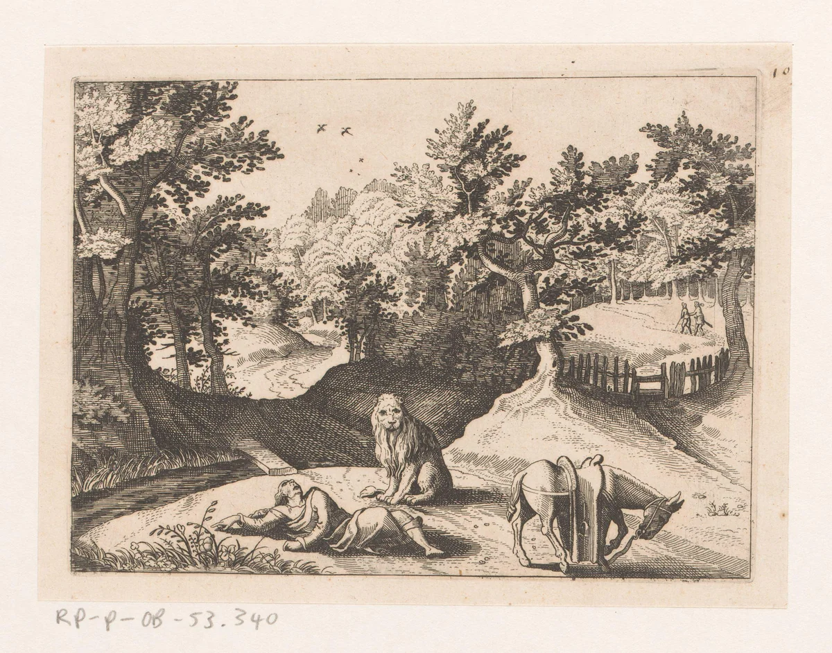 Gevallen ruiter en leeuw op een bosweg by anonymous, print, 1620