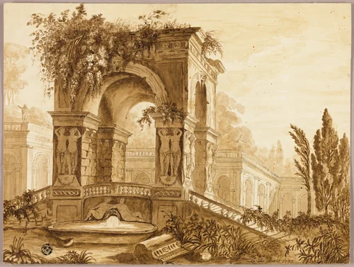 Portico in Ruins by Cecilie Arens, drawing, 1799-1849