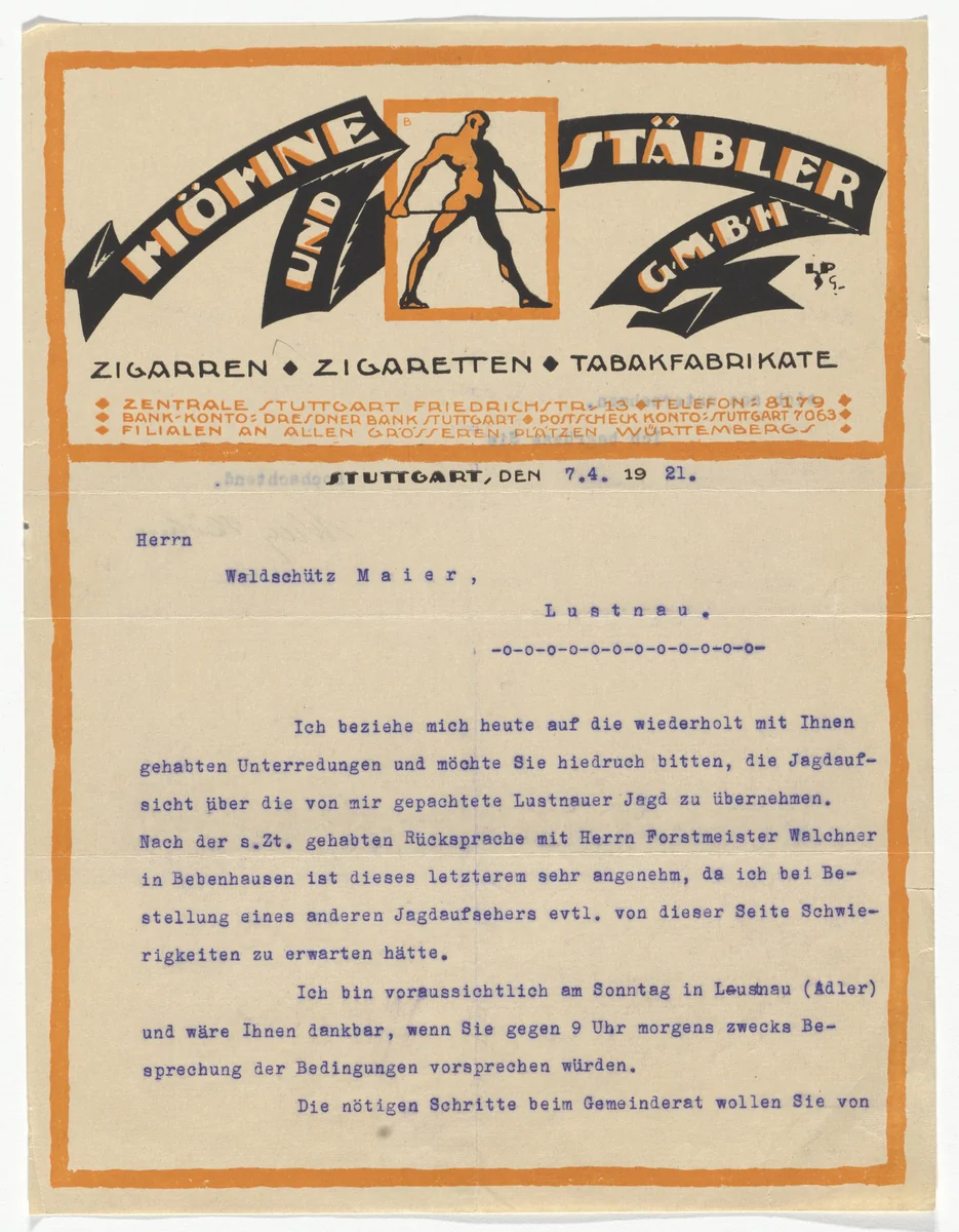 Höhne und Stäbler GmbH letterhead (Letter to Waldschütz Maier) by Unidentified Designer, design, 1921