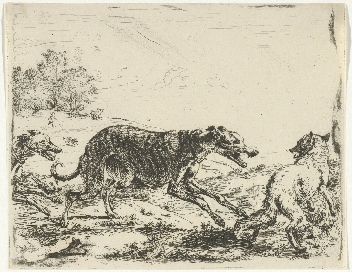 Vos en drie honden by William Young Ottley, print, 1828