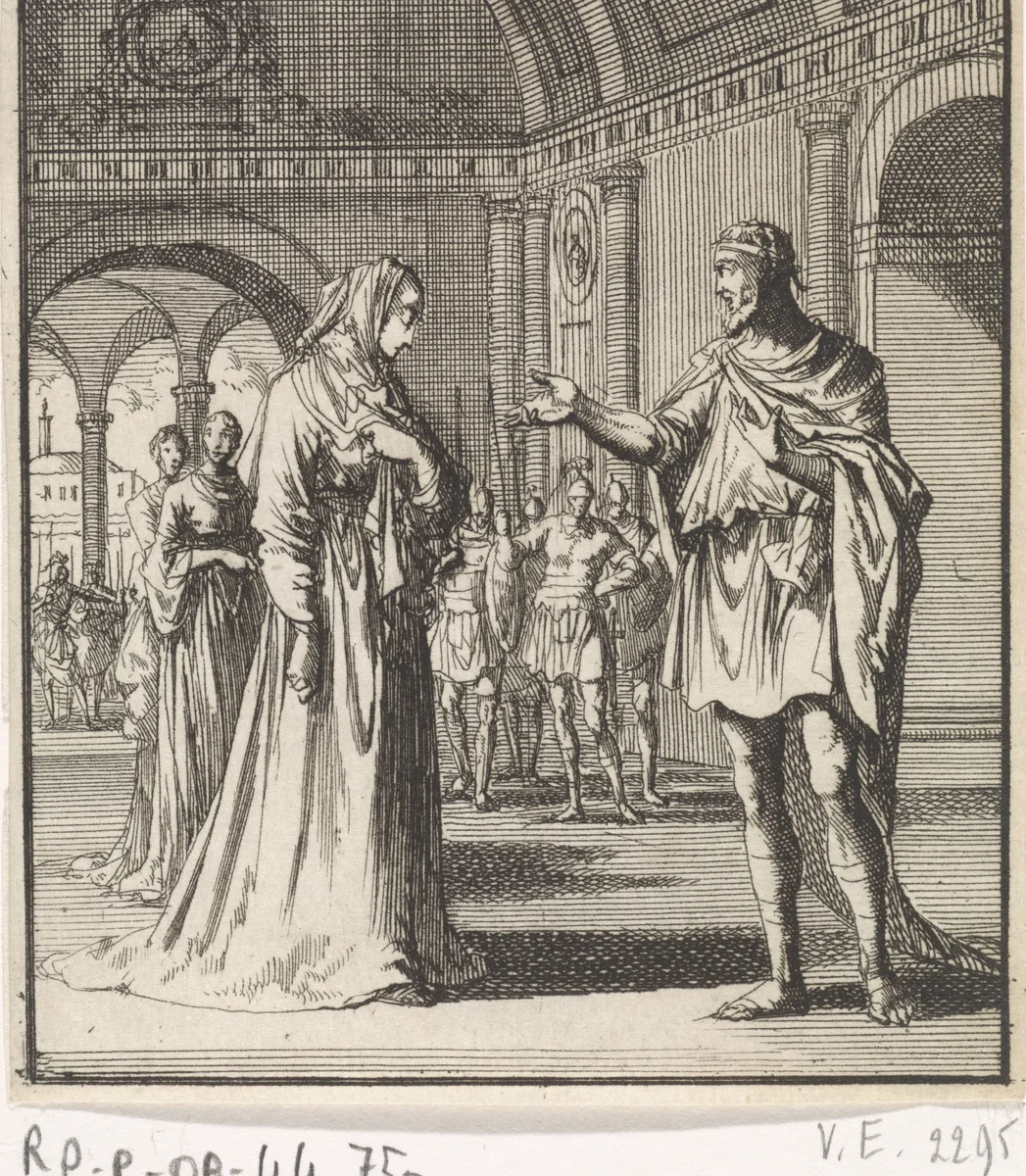 Keizer verwelkomt zijn dochter Julia, die gekleed is in een zedig gewaad by Jan Luyken, print, 1699