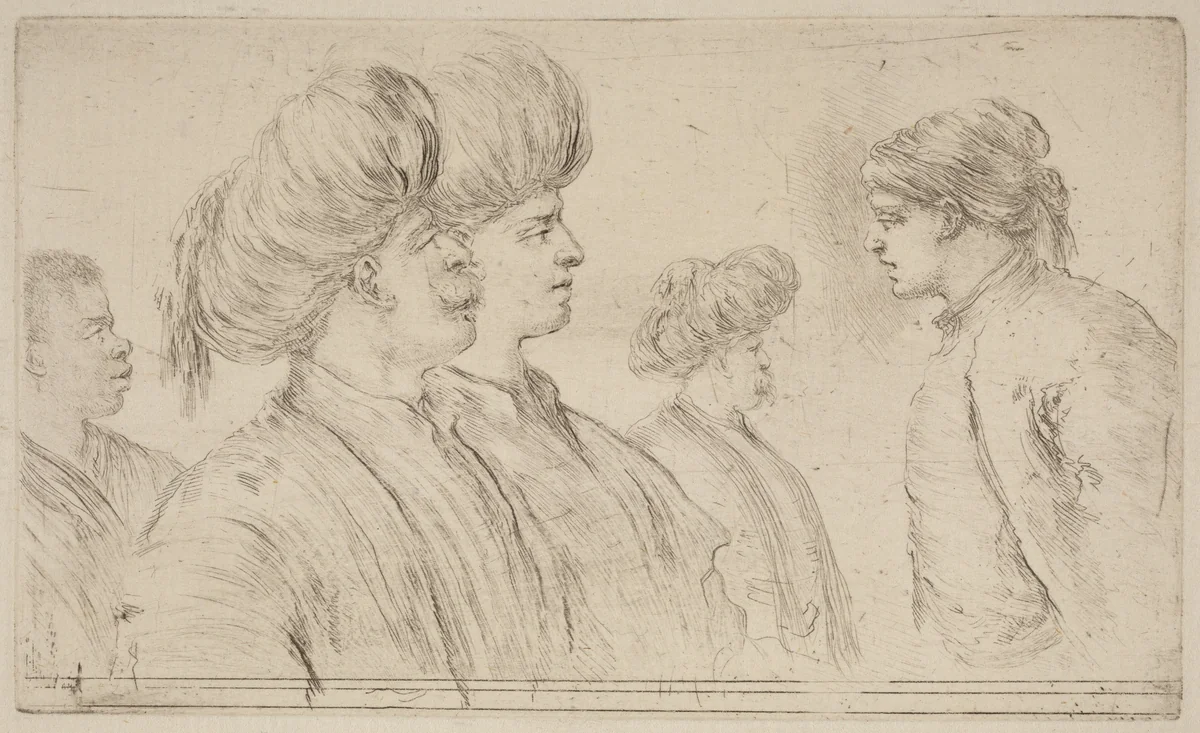 Four Turks and a Black Man by Stefano della Bella, print, 1610-1664