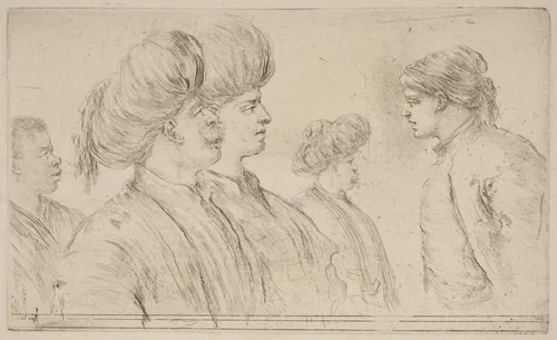Four Turks and a Black Man by Stefano della Bella, print, 1610-1664