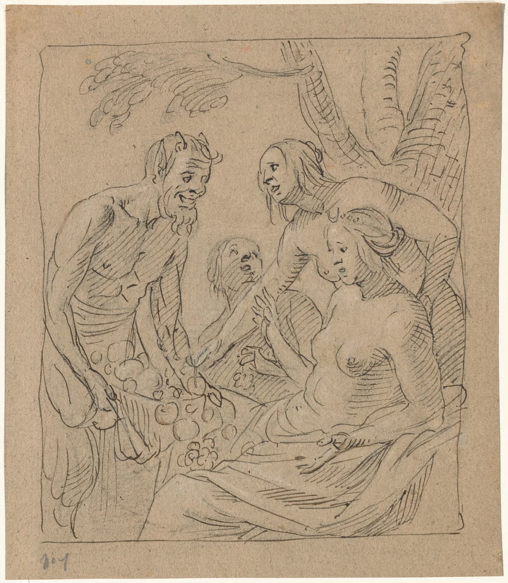 Diana and Two Nymphs Receiving Gifts from a Satyr (recto) by Gerrit van Honthorst, drawing, 1620-1629