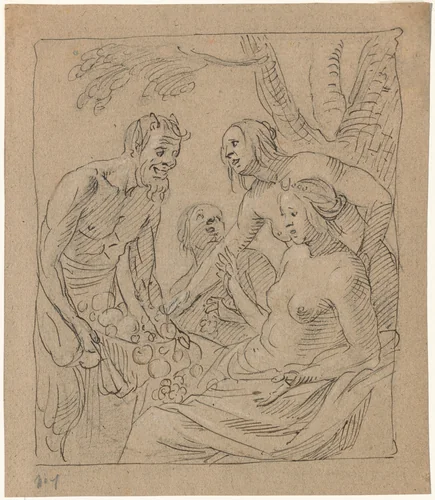 Diana and Two Nymphs Receiving Gifts from a Satyr (recto) by Gerrit van Honthorst, drawing, 1620-1629