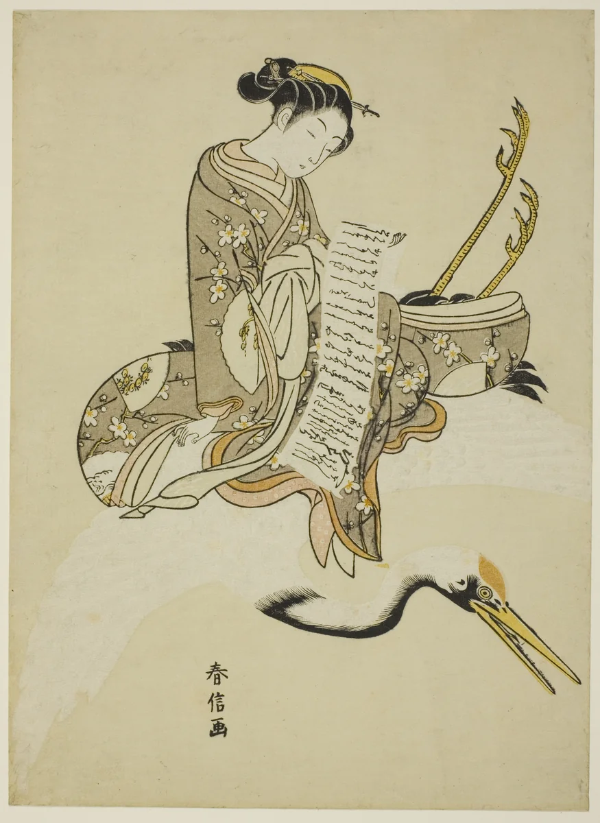 Girl Riding a Crane (parody of Hi Chobo [Chinese: Fei Zhangfang]) by Suzuki Harunobu (鈴木春信), print, 1761-1770