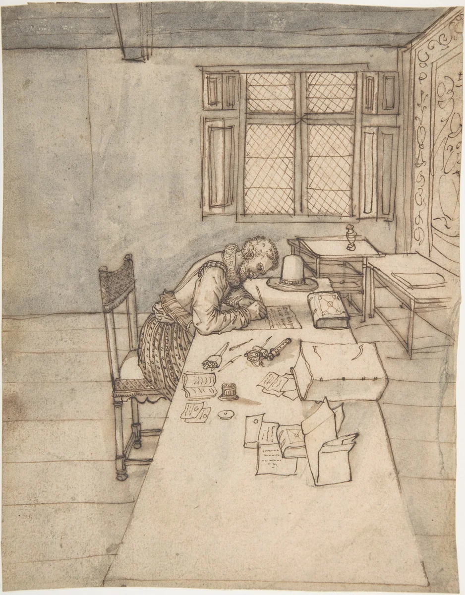 Interior with a Man Writing on a Long Table by anonymous, drawing, 1500-1600