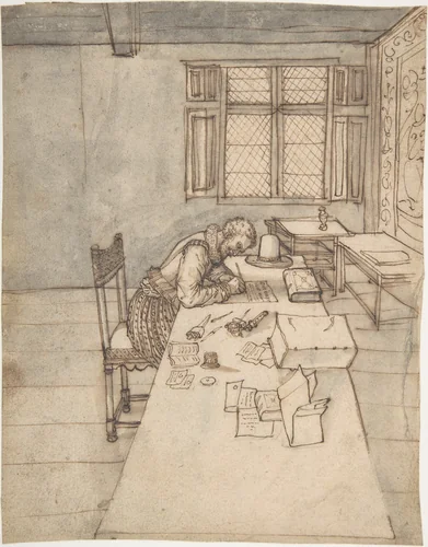 Interior with a Man Writing on a Long Table by anonymous, drawing, 1500-1600