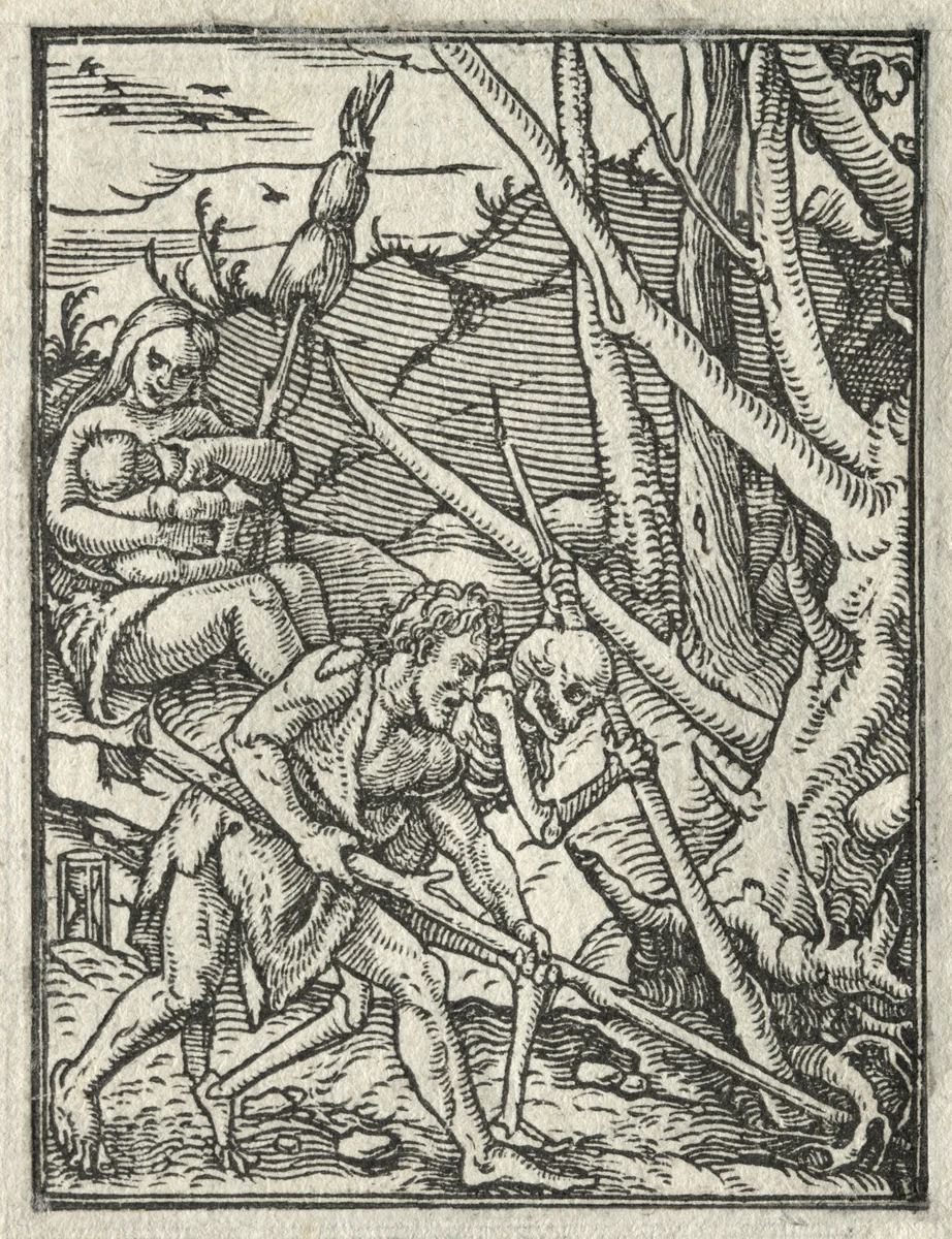 The Dance of Death: Expulsion from Paradise; Adam Cultivating the Ground by Hans Holbein the Younger, print, 1521-1531