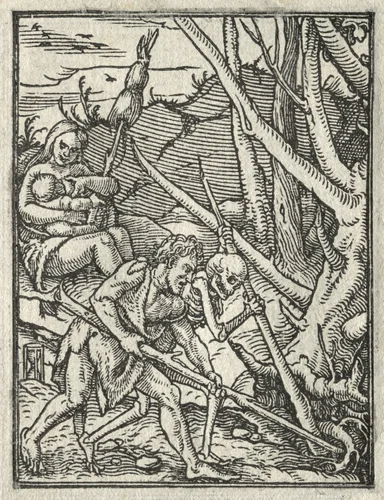 The Dance of Death: Expulsion from Paradise; Adam Cultivating the Ground by Hans Holbein the Younger, print, 1521-1531
