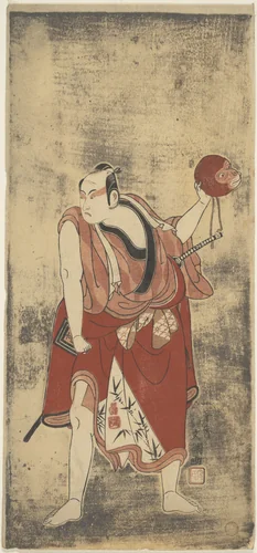 The Actor Ichikawa Komazo I as a Man Holding a Monkey Mask by Ippitsusai Bunchō (一筆齊文調), print, 1764-1771