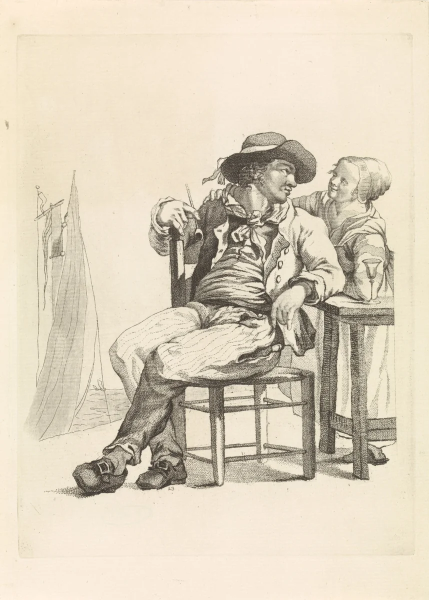 Zeeman in gesprek met een jonge vrouw by Mathias de Sallieth, print, 1772-1791