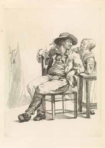 Zeeman in gesprek met een jonge vrouw by Mathias de Sallieth, print, 1772-1791