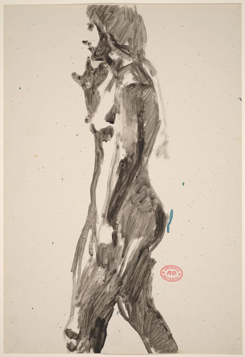 Untitled [side view of female nude with right hand raised] by Richard Diebenkorn, drawing, 1955-1967