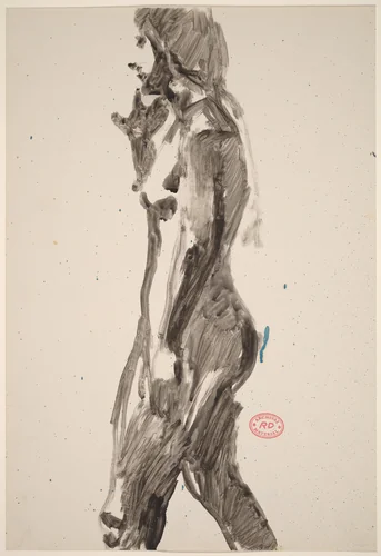 Untitled [side view of female nude with right hand raised] by Richard Diebenkorn, drawing, 1955-1967