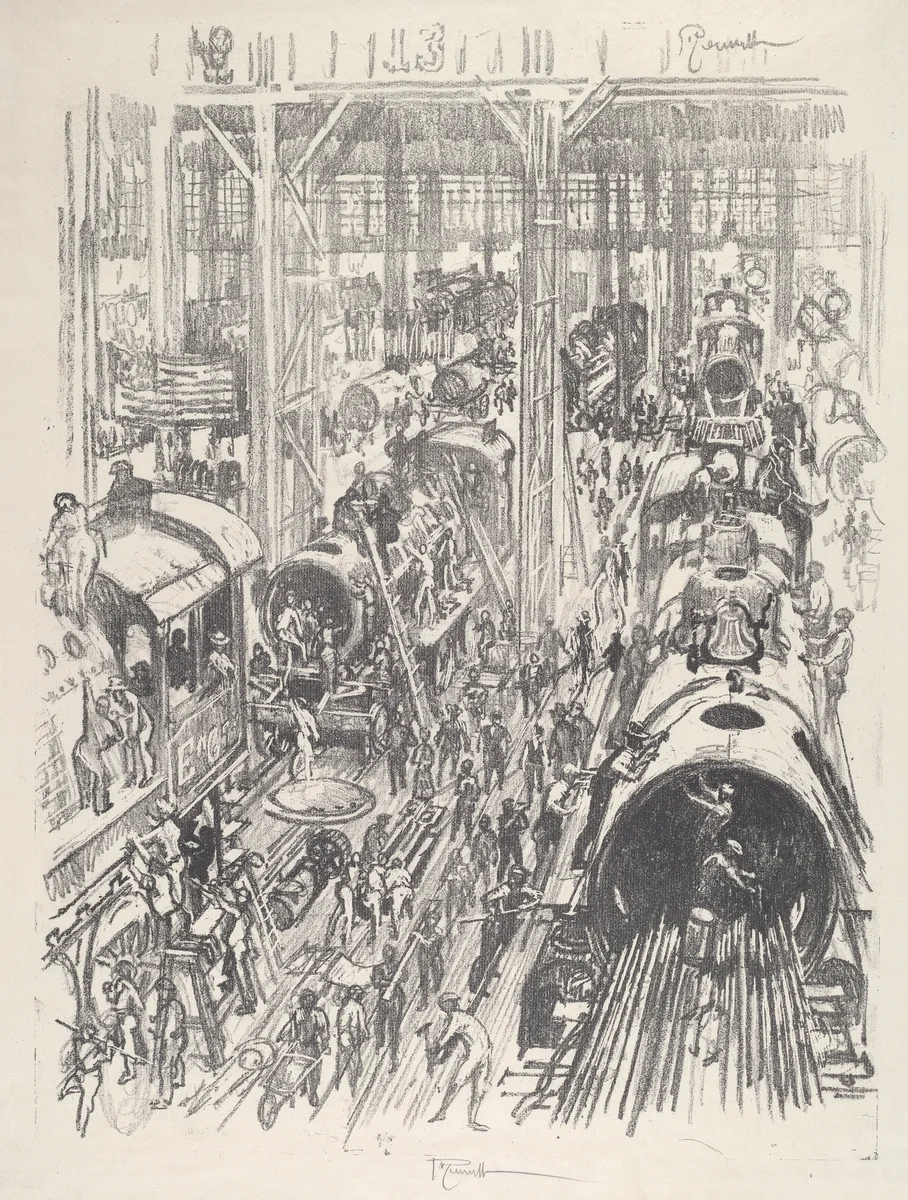Building Engines for the Allies by Joseph Pennell, print, 1917