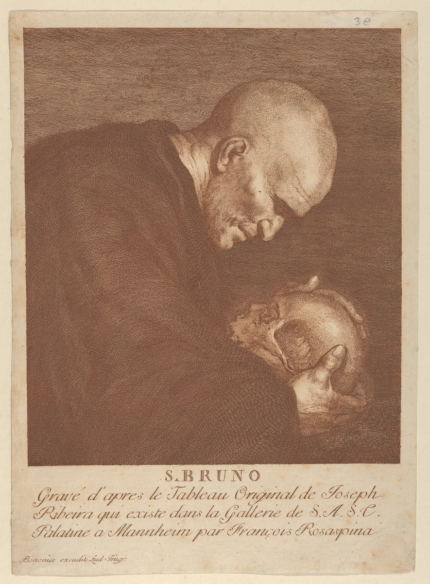 Saint Bruno meditating on a skull by Francesco Rosaspina, print, 1780-1840