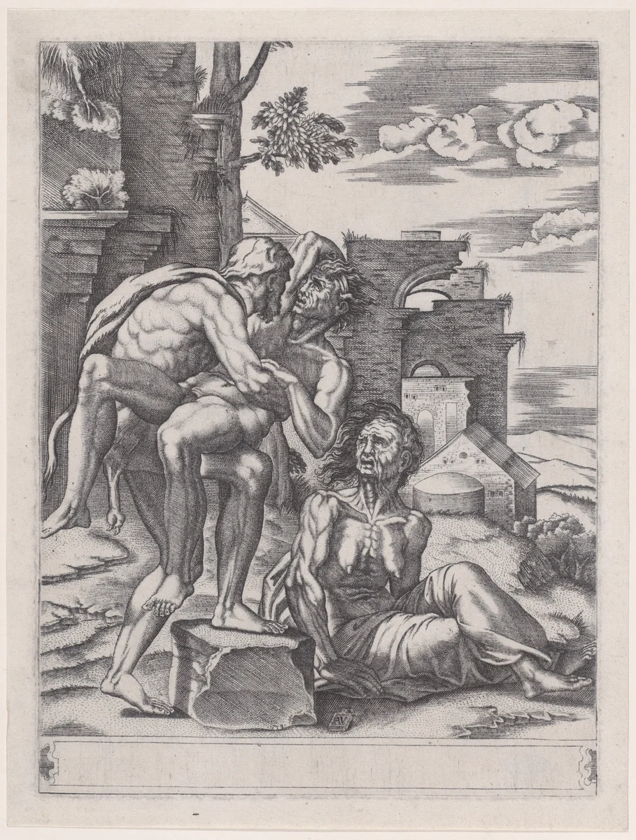 Hercules and Antaeus by Agostino Veneziano, print, 1533