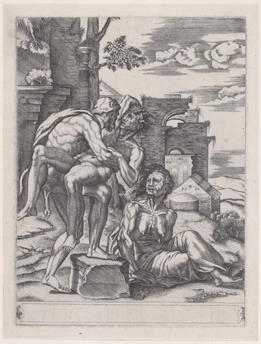 Hercules and Antaeus by Agostino Veneziano, print, 1533