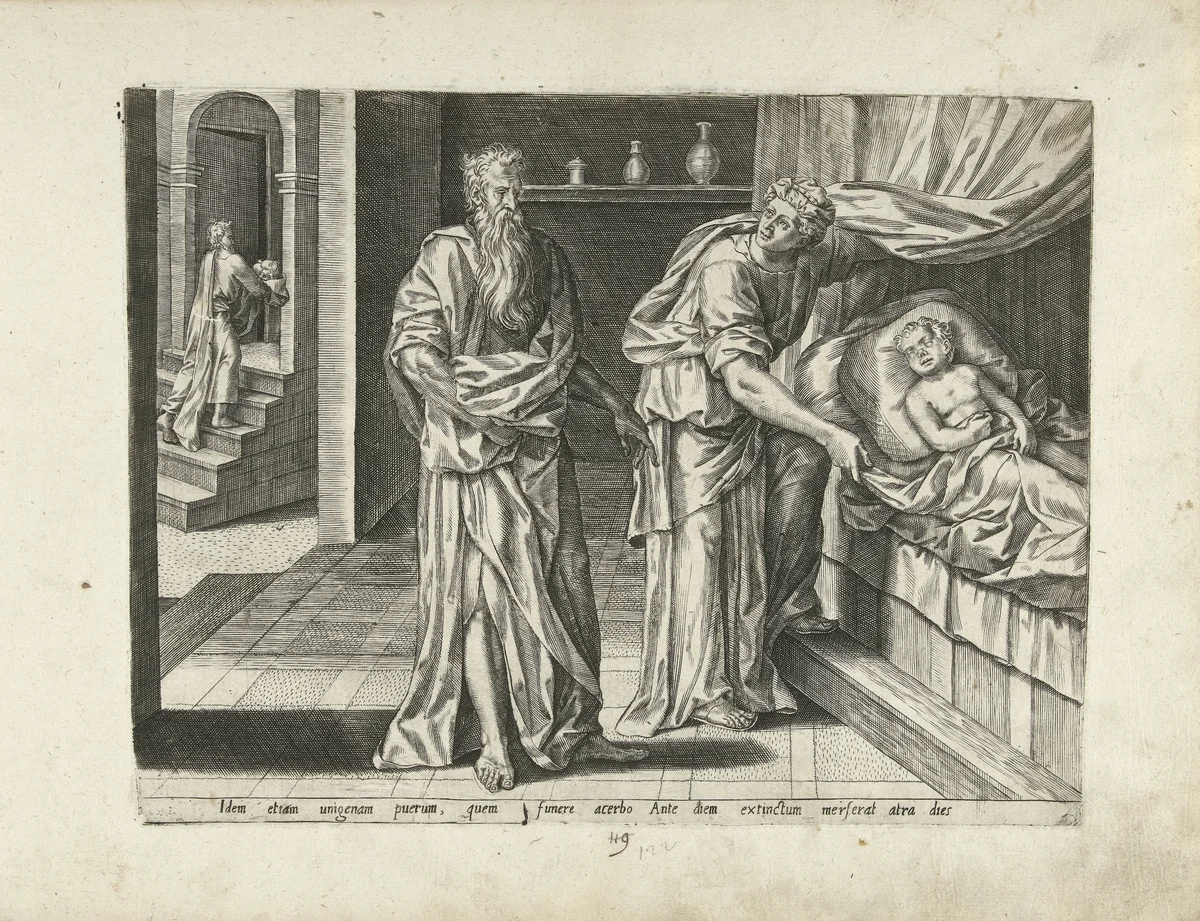 Elia ontfermt zich over de overleden zoon van de weduwe van Sarefat by Pieter Jalhea Furnius, print, 1550-1625