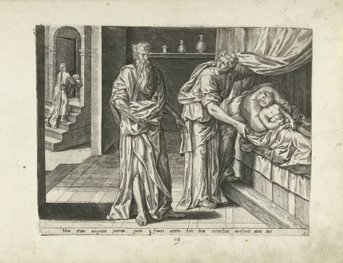 Elia ontfermt zich over de overleden zoon van de weduwe van Sarefat by Pieter Jalhea Furnius, print, 1550-1625