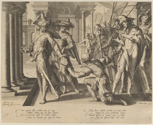 Allegory of Justice depicting a street scene with a shepherd giving a sheet of paper to a judge at left, who rejects it, plate 11 from "Thronus Justitiae, tredecim pulcherrimus tabulis..." by Willem van Swanenburg, print, 1605