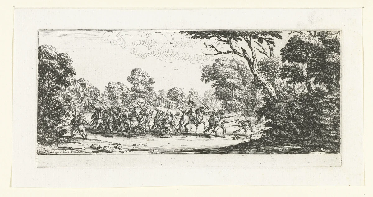 Opsporing van soldaten die zich misdragen hebben by Jacques Callot, print, 1633