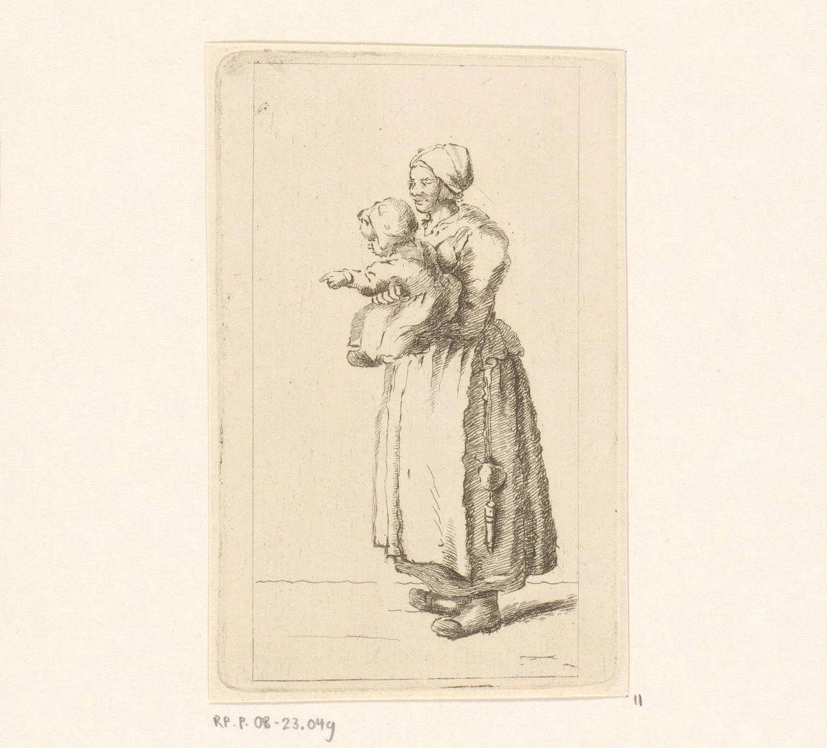 Staande moeder met kind by Pieter de Mare, print, 1779