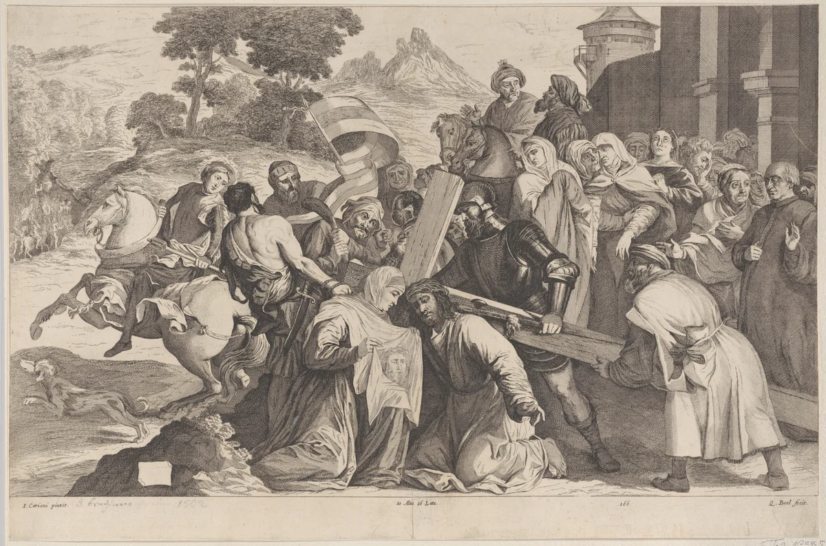 Road to Calvary, at center Veronica kneels before Christ and holding the Sudarium by Coryn Boel, print, 1651-1665