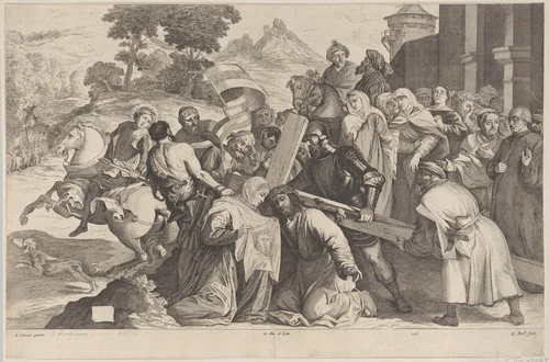 Road to Calvary, at center Veronica kneels before Christ and holding the Sudarium by Coryn Boel, print, 1651-1665
