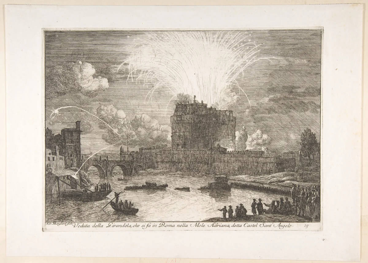 Fireworks in Rome Over Castel Sant' Angelo by Adriaen Manglard, print, 1705-1760