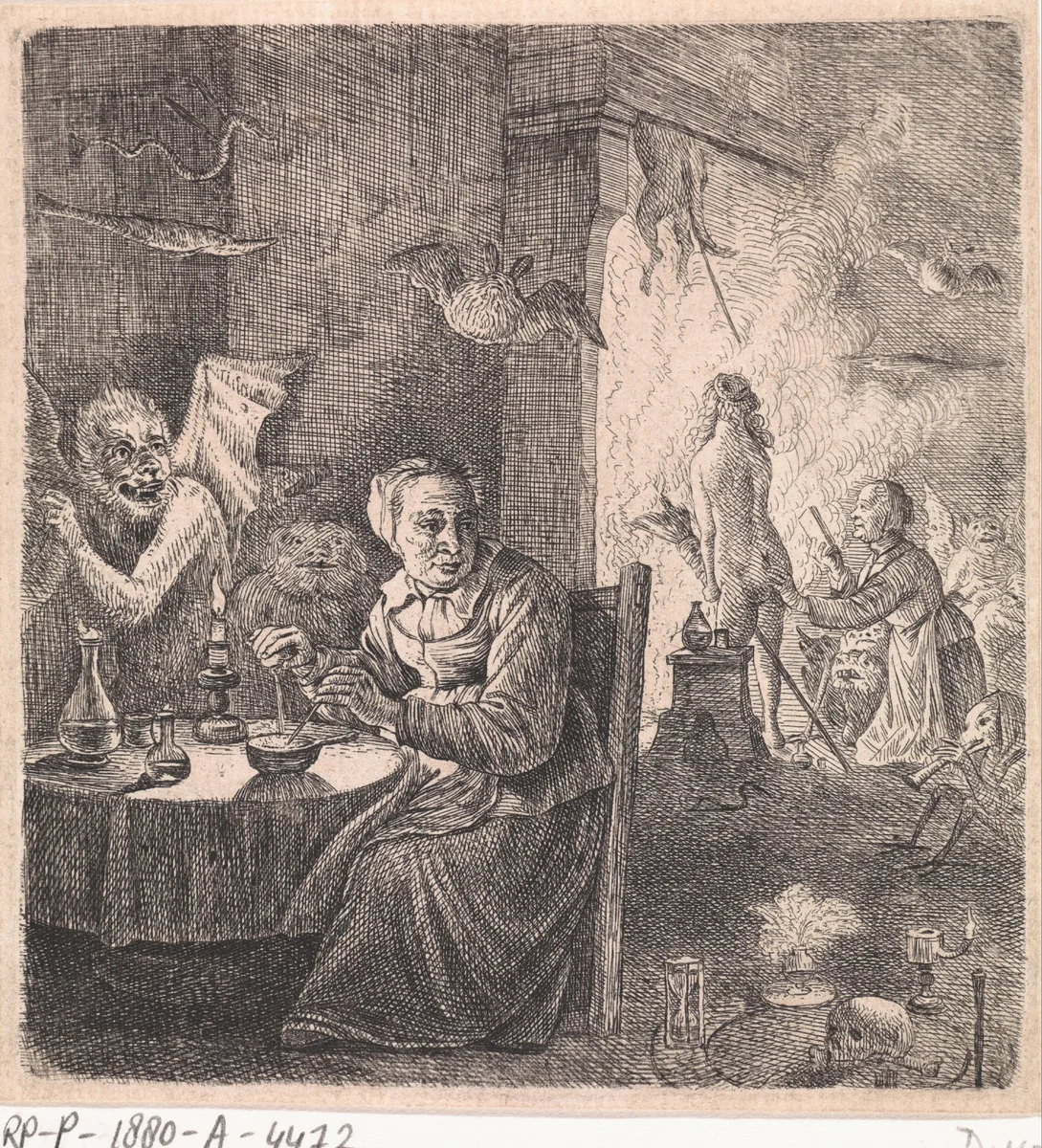 Interieur met heksen by anonymous, print, 1626-1740