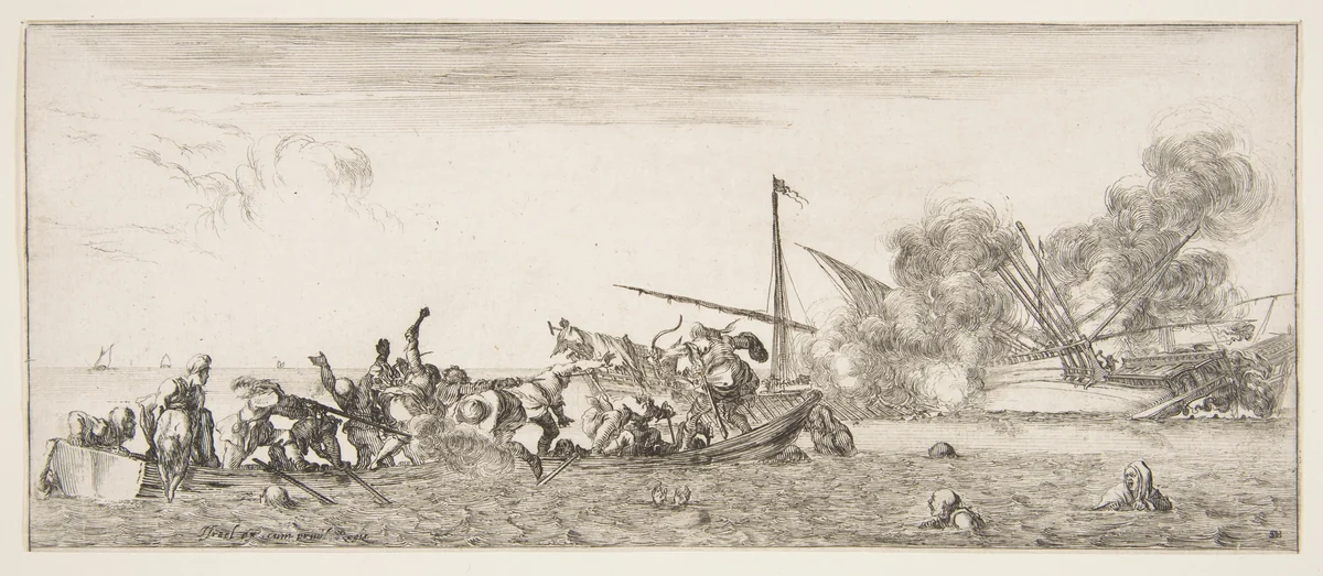 Naval battle, a rowboat filled with people fighting with muskets to left, people drowning in the sea in the center and right foreground, a ship on its side and burning in the background, from "Peace and War" (Divers desseins tant pour la paix que pour la guerre) by Stefano della Bella, print, 1636-1646